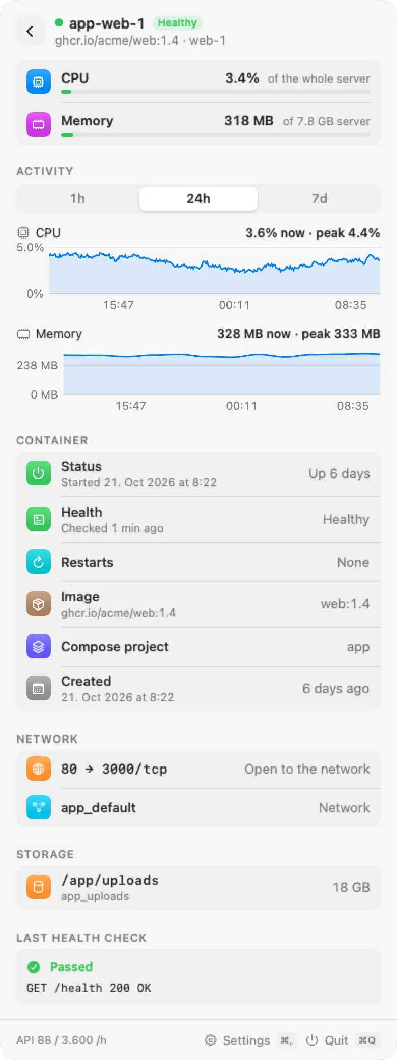 Rackpulse container page for app-web-1 with health, CPU and memory charts, ports, and volumes