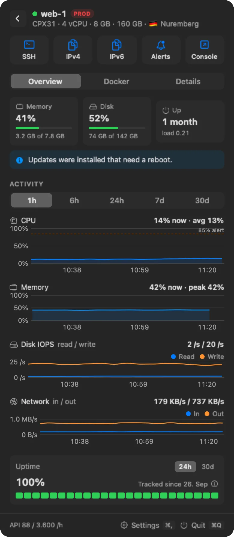 Rackpulse server page for web-1 with the agent: memory and disk tiles, a reboot note, CPU, memory, disk and network charts, and uptime