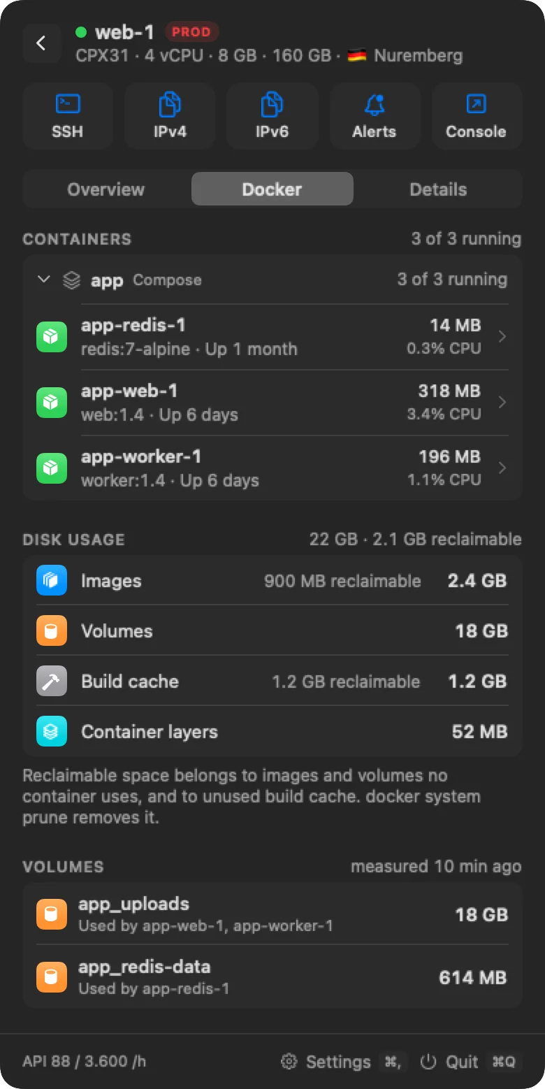Rackpulse Docker tab for web-1 with the app Compose project, three healthy containers, and Docker disk usage