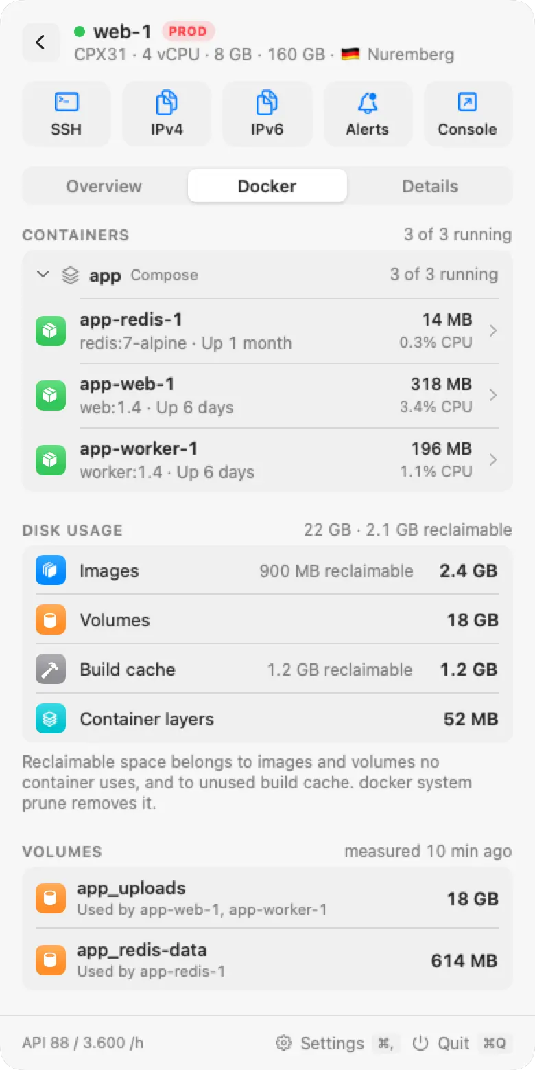 Rackpulse Docker tab with the app Compose project, three healthy containers, and Docker disk usage