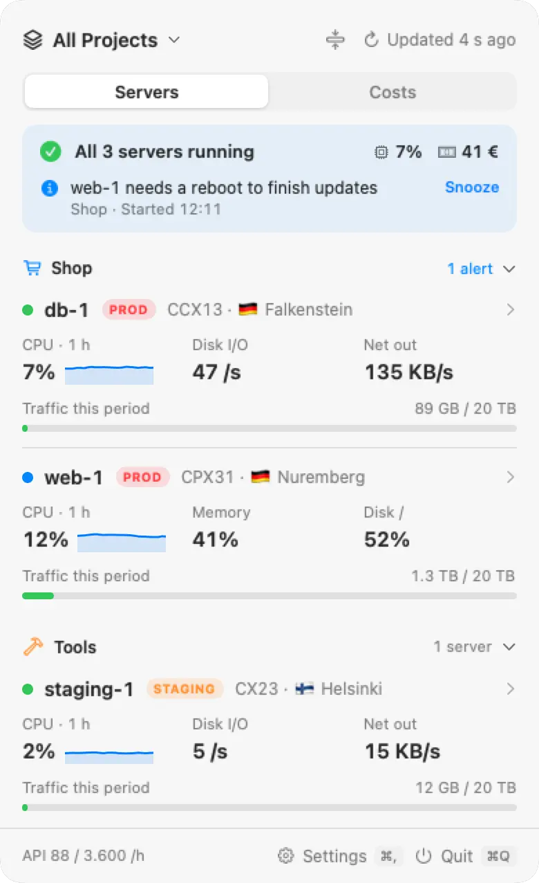 Rackpulse server list with web-1 and db-1 in Shop and staging-1 in Tools, with CPU, memory, disk, traffic, and environment tags
