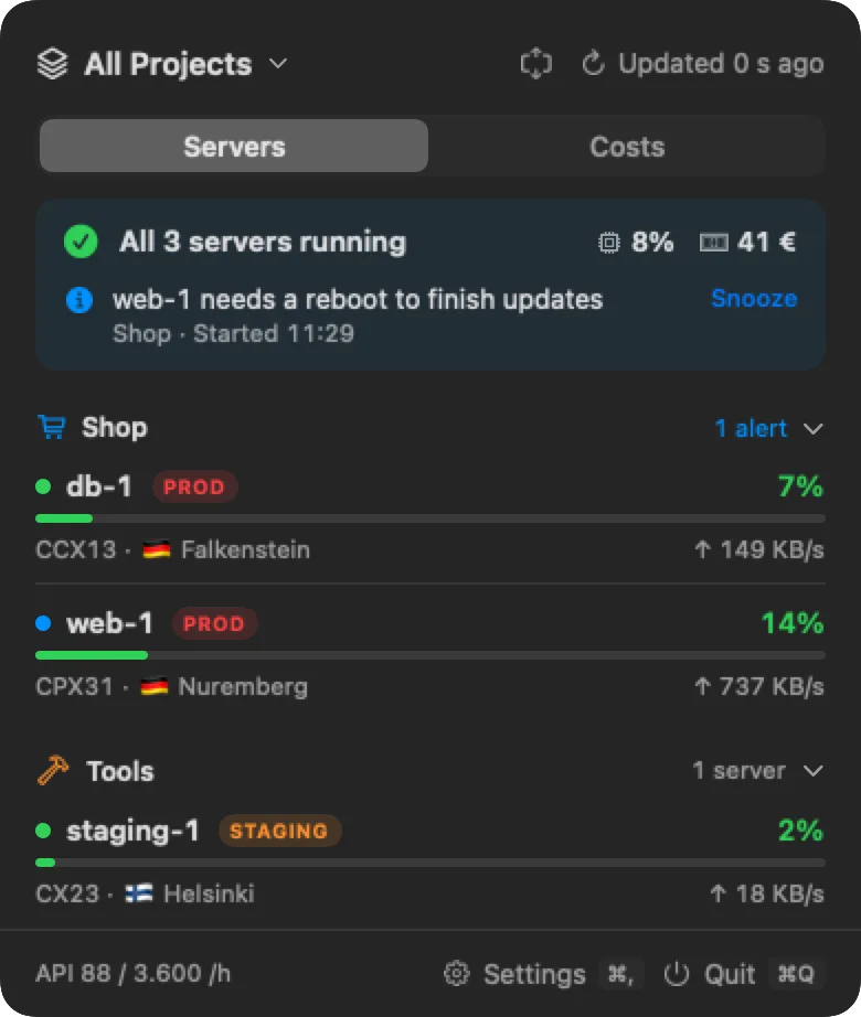 Rackpulse panel with three servers in two projects, Shop and Tools, with CPU, traffic, and a note that web-1 needs a reboot