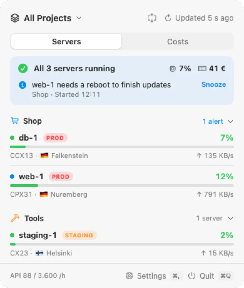 Rackpulse server list with web-1 and db-1 in the Shop project and staging-1 in Tools, each with CPU, traffic, and an environment tag